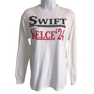 🔴 4/$15 Taylor Swift & Travis Kelce 2024 White Long Sleeve T-Shirt size S in EUC